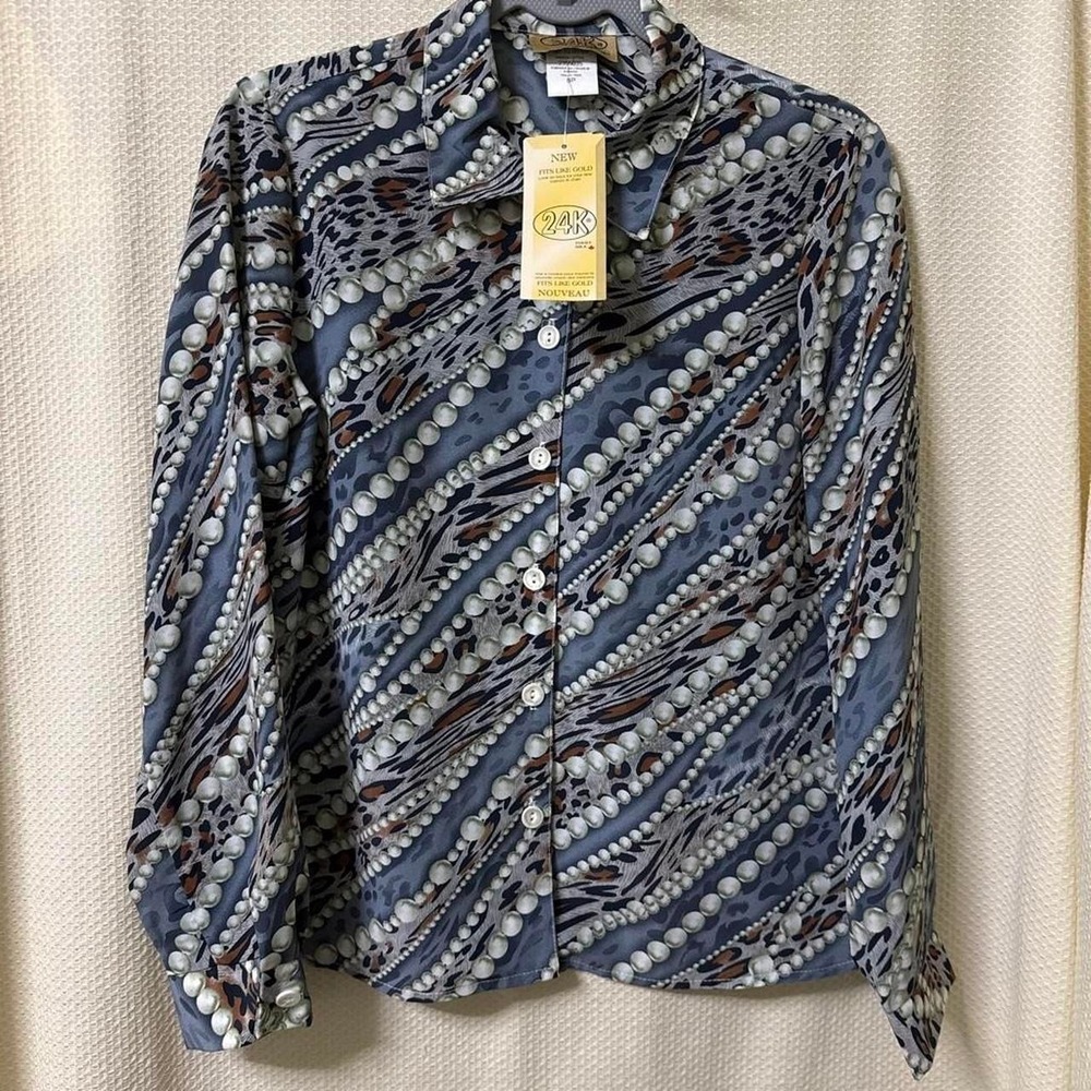 24K Fits Like Gold Pearl Chain Print Blouse Blue Brown Button Up Shirt 6P NWT